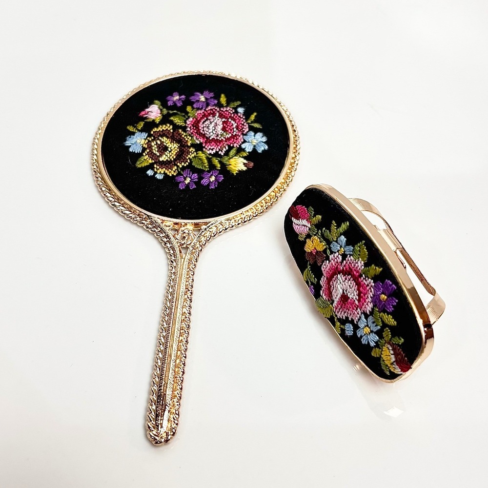 Vintage Austria Petit Point Floral Hand Mirror and Lipstick Case Vanity Set Gold